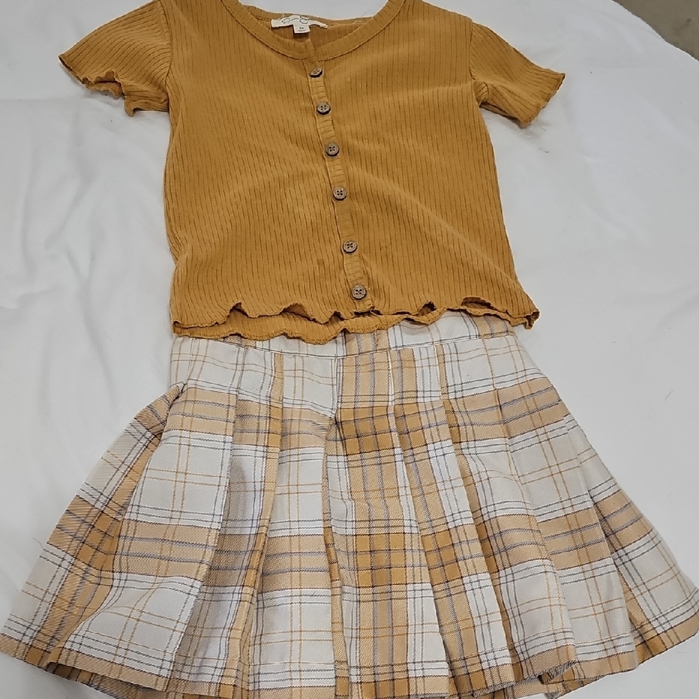Mustard Button-Up Top and Plaid Skirt Set